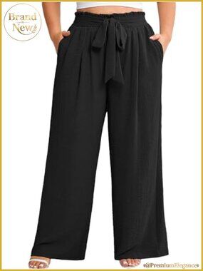 Plus Size Wide Leg Pants High Waist Elastic Palazzo Lounge Pants with Pockets